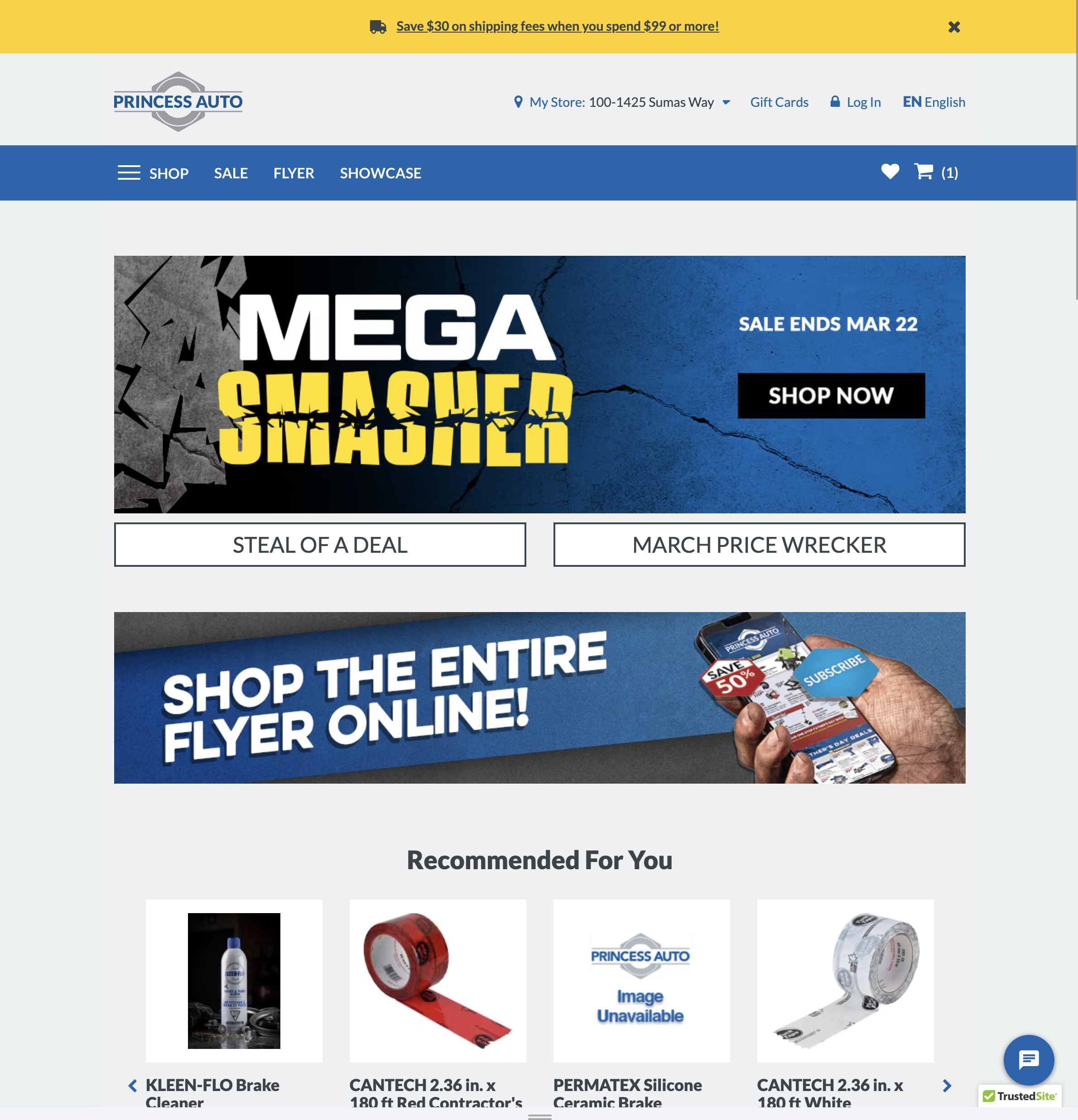 Princess Auto — storefront with Mega Smasher promo