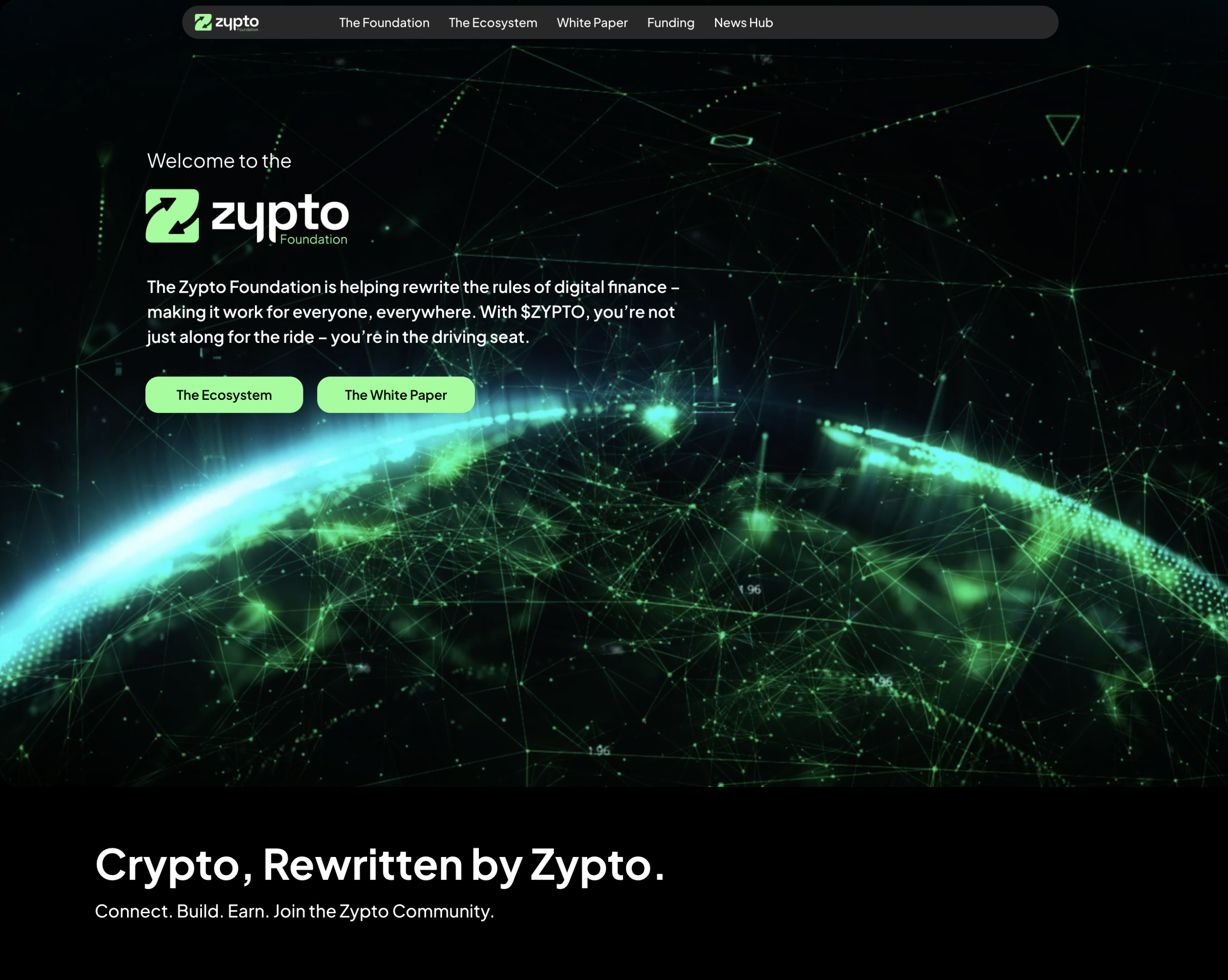 Zypto Foundation — welcome hero with globe network